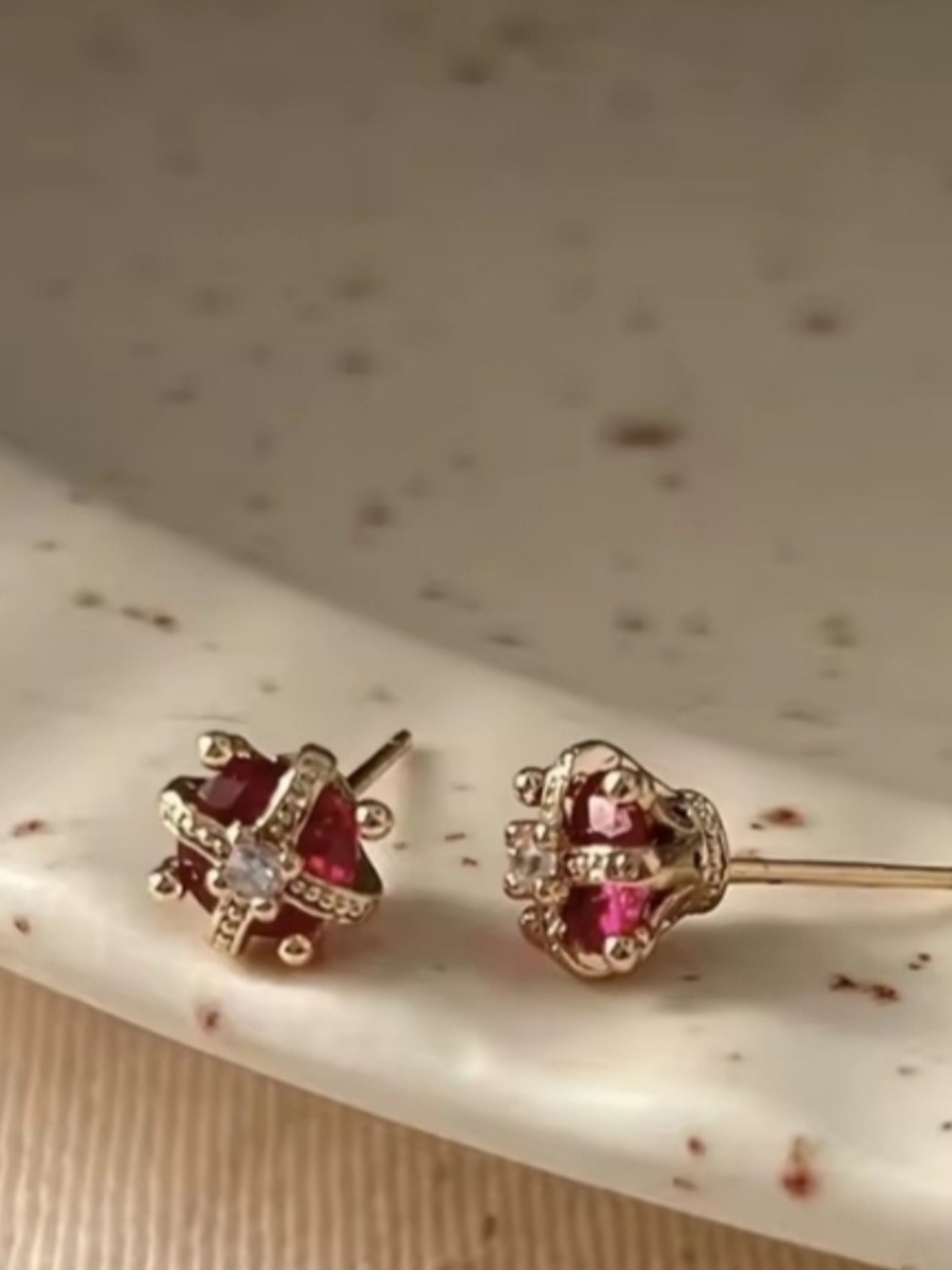 Gold Plated Ruby Crown Stud Earrings